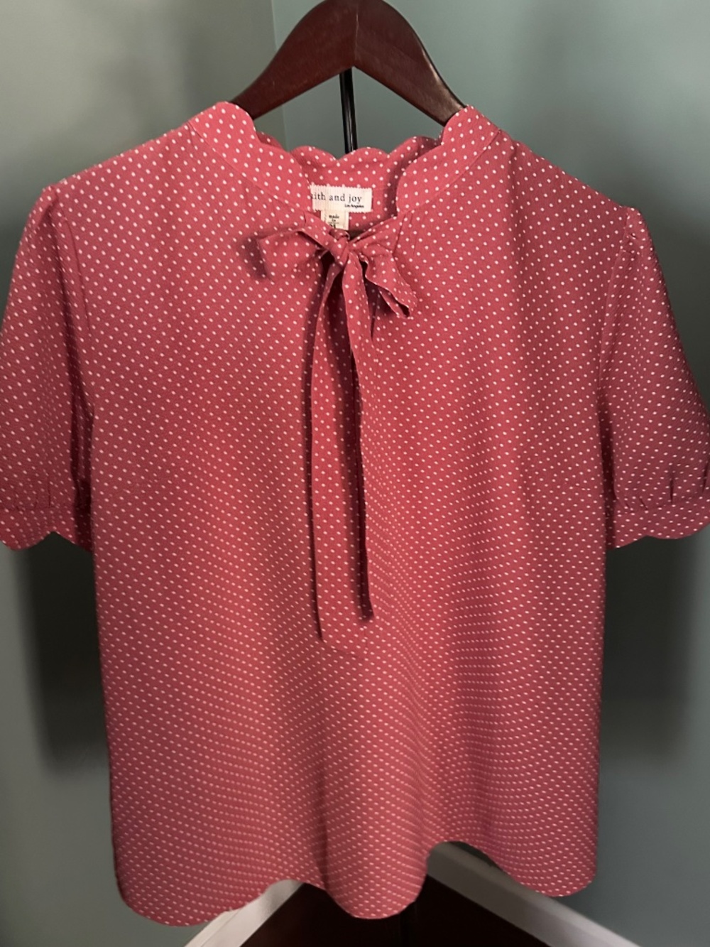 Faith and Joy Pink Polka Dot Tie Neck 1/4 Sleeves Blouse Size M/L NWT